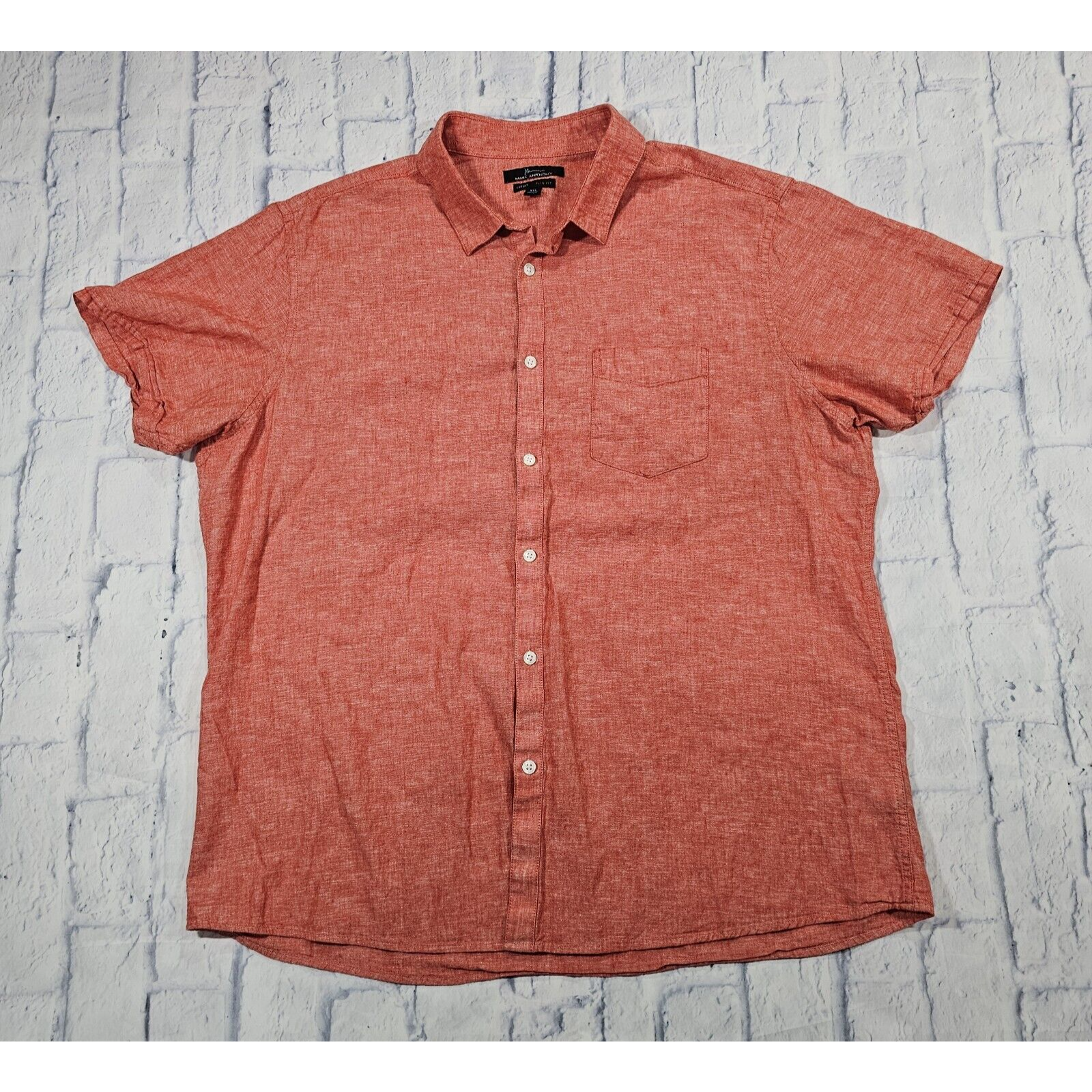 Marc Anthony Mens Xxl Luxury Slim Fit Short Sleeve Button Shirt Pink Linen Blend